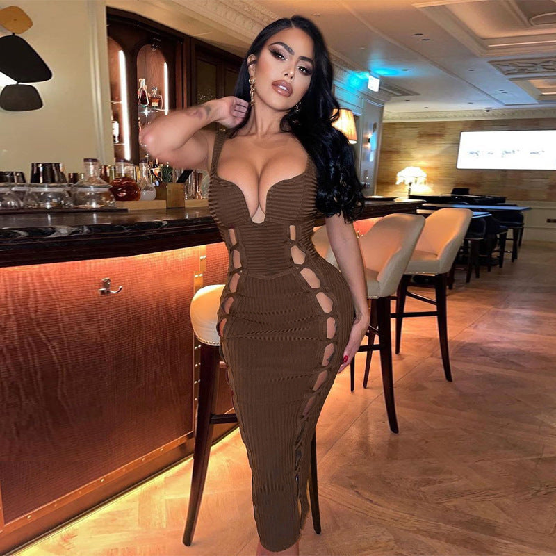 Kendall Jenner Wedding Guest Dress Lace-up Hollow Sexy Sling Midi Dress Fashion