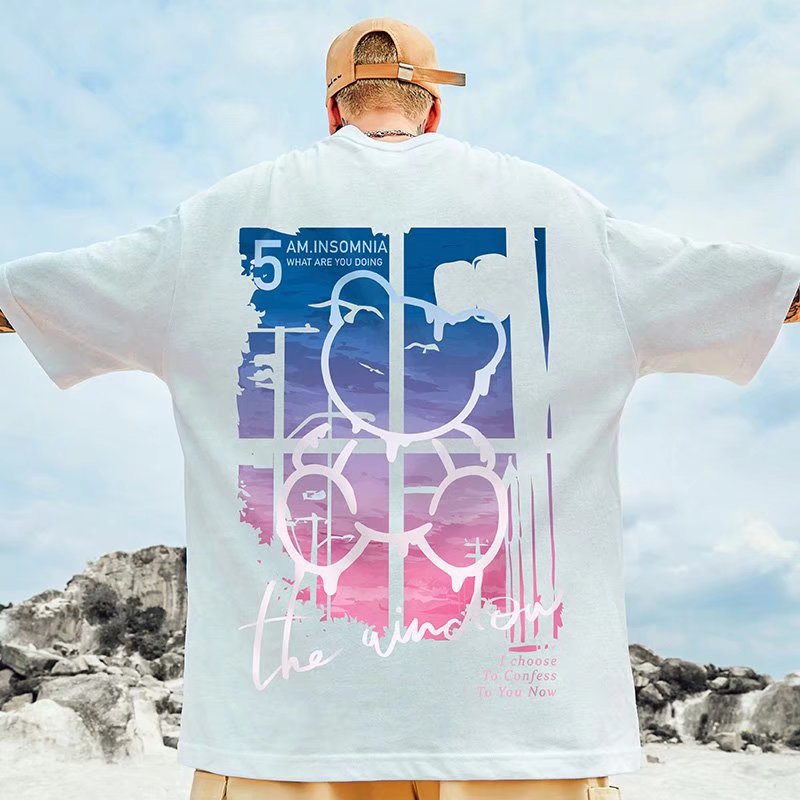 Men T-Shirts Loose Half Sleeve Bear Print