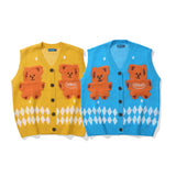 Men Sweater Cartoon Bear Embroidery Knitted Cardigan Vest Men's Outer Vest