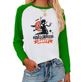 Halloween Costumes Pattern Printed Raglan Color Contrast Long Sleeve T-shirt Women