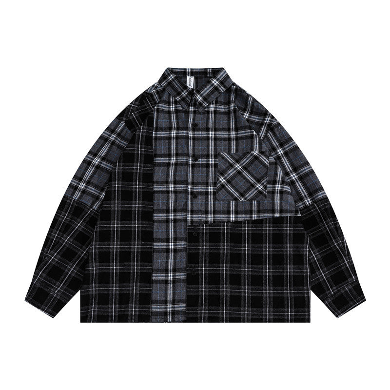 Man Fall Outdoor FIS Autumn Personality Plaid Stitching Long Sleeves Shirt Men's Loose Couple Shirt Coat