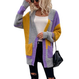 Women Cardigan Knit Sweater Irregular Block Stitching Contrast Color Cardigan