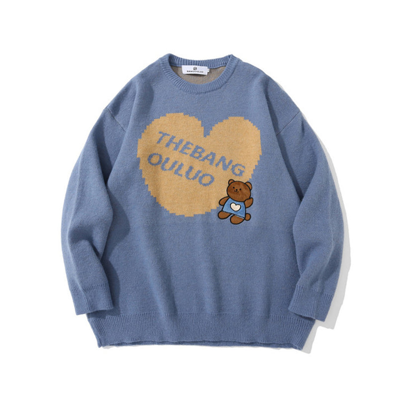 Men Sweater Bear Heart Brocade Sweater Men's Street Tide Brand Loose round Neck