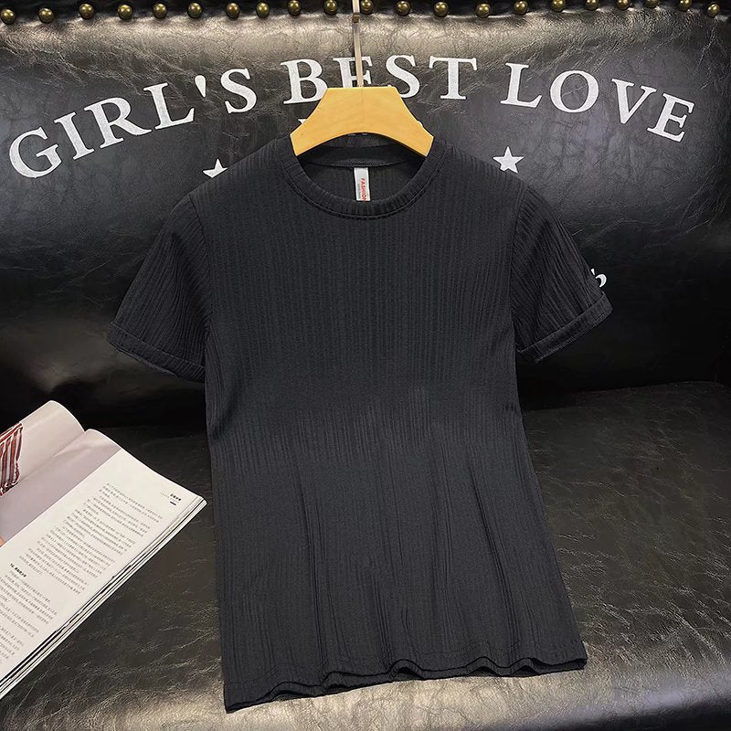 Men T-Shirts Vertical Stripes Solid Color round Neck Ice Silk