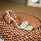 Low Heel Wedding Shoes Women's Leather Shoes Straw Open Toe High Heel Sandals