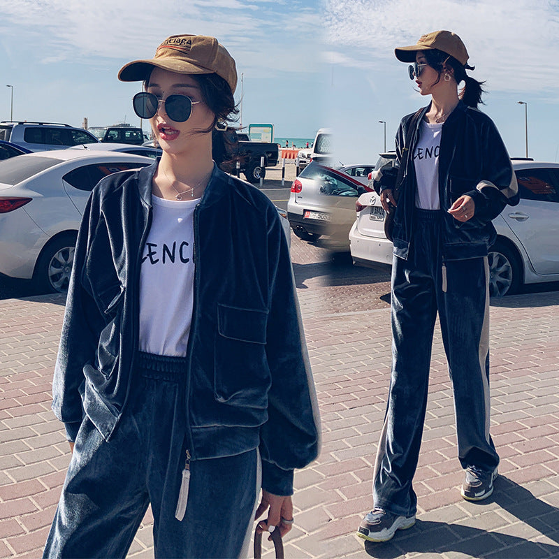 Velour Tracksuit Spring and Autumn Loose Slim-Fit Jacket Two-Piece Pants