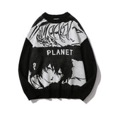 Men Sweater Cartoon Jacquard round Neck Sweater Men Loose Pullover