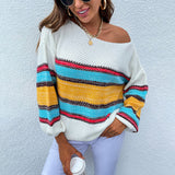 Women's Pullover Knit Sweater Autumn and Winter Clothing Women's Contrast Color Rainbow Striped Sweater