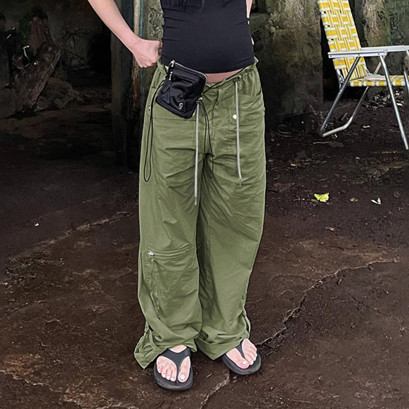 Julia Fox Low Rise Jeans Hot Girl Waist Drawstring Zipper Pocket Loose All-Match Casual Ankle-Tied Woven Retro Trousers