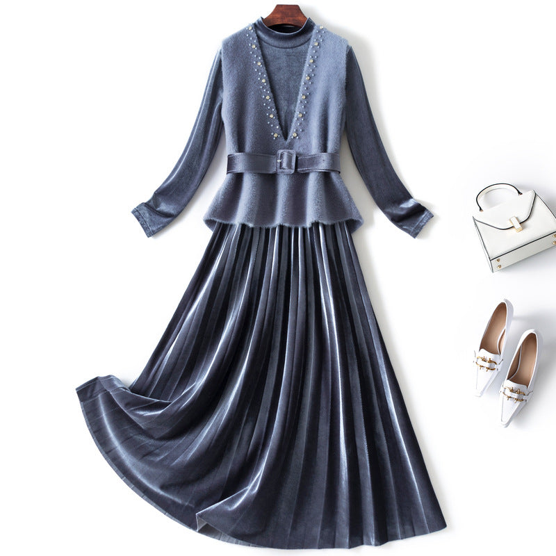 Blue Velvet Dress Gold Velvet Mink Velvet Two-Piece Vest Set