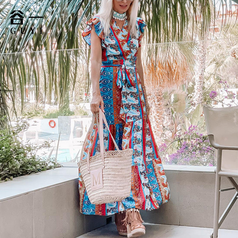 Kendall Jenner Wedding Guest Dress Printed V-neck Lotus Leaf Sleeve Ethnic Style