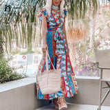 Kendall Jenner Wedding Guest Dress Printed V-neck Lotus Leaf Sleeve Ethnic Style