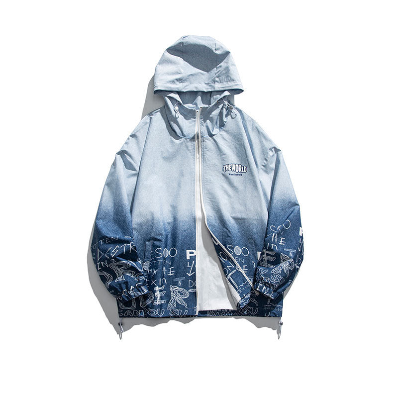 Man Fall Outfis Autumn Clothing Street Creativity Printing Gradient Color Matching Hooded Casual Jacket Men