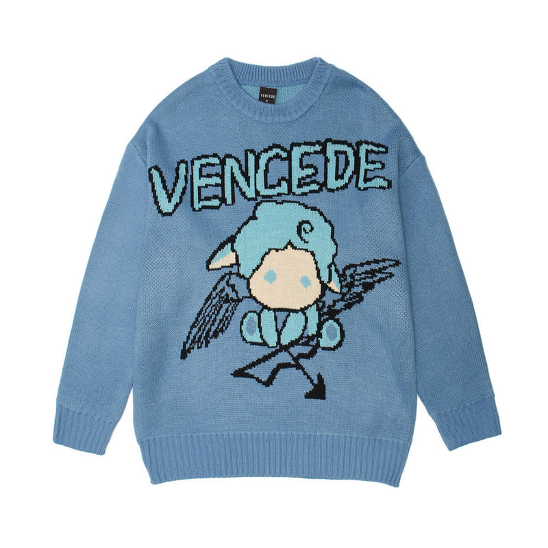 Men Sweater Cartoon Character Brocade Sweater Men's Street Trend Loose round Neck Sweater