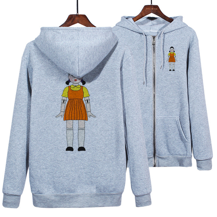 Squid Game Costume Round Six cartoon wooden man printed zipper sweater
