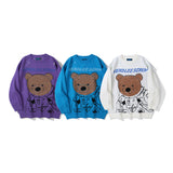 Men Sweater Cartoon Bear Embroidery Sweater Men's Loose round Neck Pullover