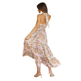 Gypsy Girl Outfits Backless Lace Up Halter Large Swing Skirt Printed Hollow Out