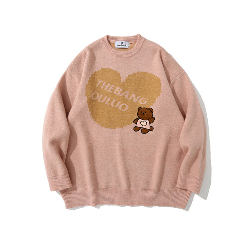 Men Sweater Bear Heart Brocade Sweater Men's Street Tide Brand Loose round Neck