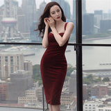 Long Sleeve Burgundy Dress Formal Vintage Burgundy Velvet Slim Fit Camisole Gown Dress