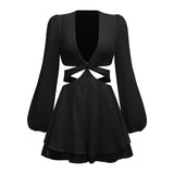Coachella Music Festival Outfits Fashion Solid Color Women's Clothing Hollow Sexy Deep V-neck Lantern Sleeves