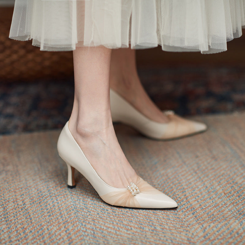 Low Heel Wedding Shoes Four Seasons Women's Shoes Mary Jane Retro Shoes Pearl Stiletto Heels