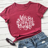 Merry and Bright Sweatshirts Christmas Merry and Bright Letter Printed round Neck Short Sleeve T-shirt