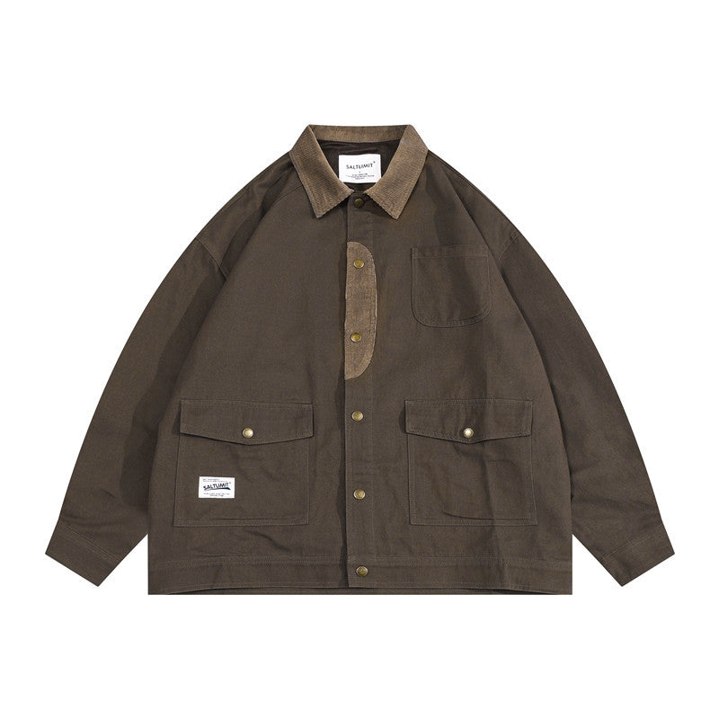 Man Fall Outfis Retro Street Corduroy Stitching Polo Collar Jacket Men's Loose Leisure Workwear Coat