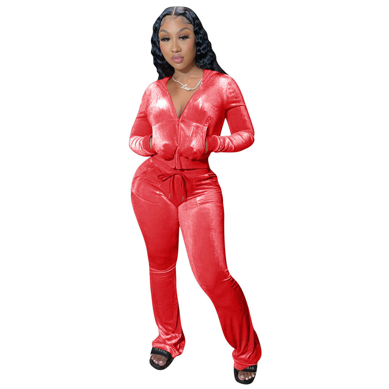 Velour Tracksuit Solid Color Pleuche Wide Leg Pants