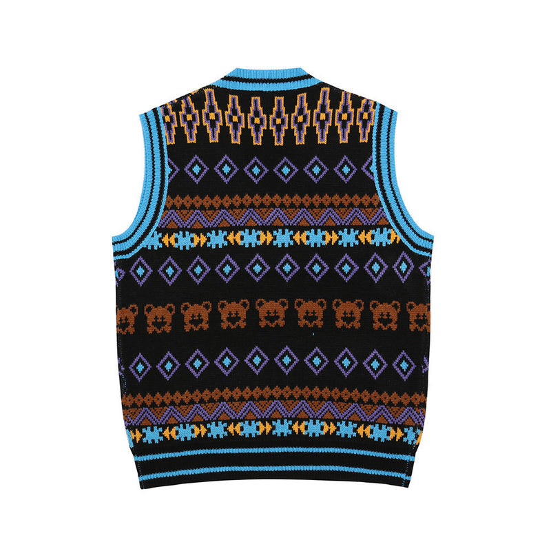 Men Sweater Contrasting Color Jacquard Knitted Waistcoat Men's Loose V-neck Sleeveless Sweater