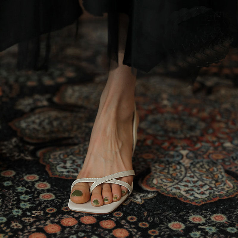 Nude Low Block Heel Square Toe Ankle-Strap Stilettos Clip Toe