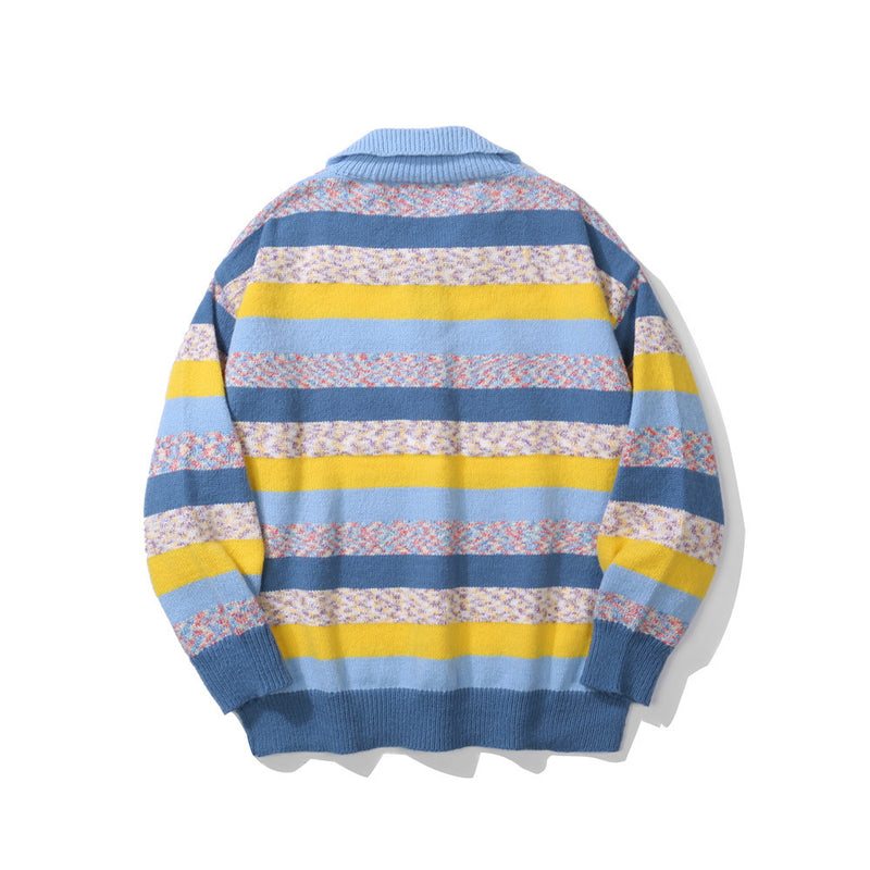 Men Sweater Color Striped Polo Shirt Sweater Men's Loose Lapels Knitwear Trendy Brand Pullover