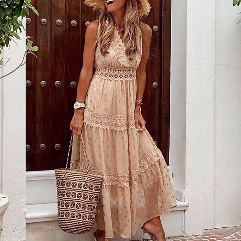 Kendall Jenner Wedding Guest Dress Chiffon Summer Solid Color Stitching Lace V-neck Sleeveless