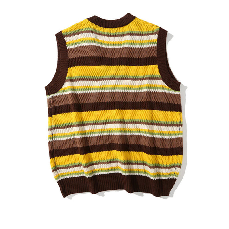 Men Sweater Mixed Color Stripe V-neck Sweater Vest Men's Street Waistcoat