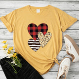 Valentine's Day T Shirts Couples Autumn Leopard Plaid Pullover Short Sleeve T-shirt