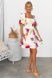 Nine Britton Dress Sweet Floral Printed Square Collar Puff Sleeve Waist-Controlled Large Hem