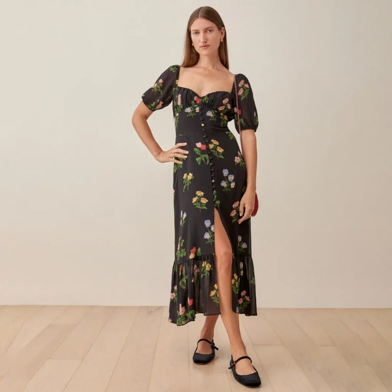 Kendall Jenner Wedding Guest Dress Square Collar Puff Short Sleeve Mid-Length Sexy Slit Printing