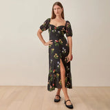 Kendall Jenner Wedding Guest Dress Square Collar Puff Short Sleeve Mid-Length Sexy Slit Printing