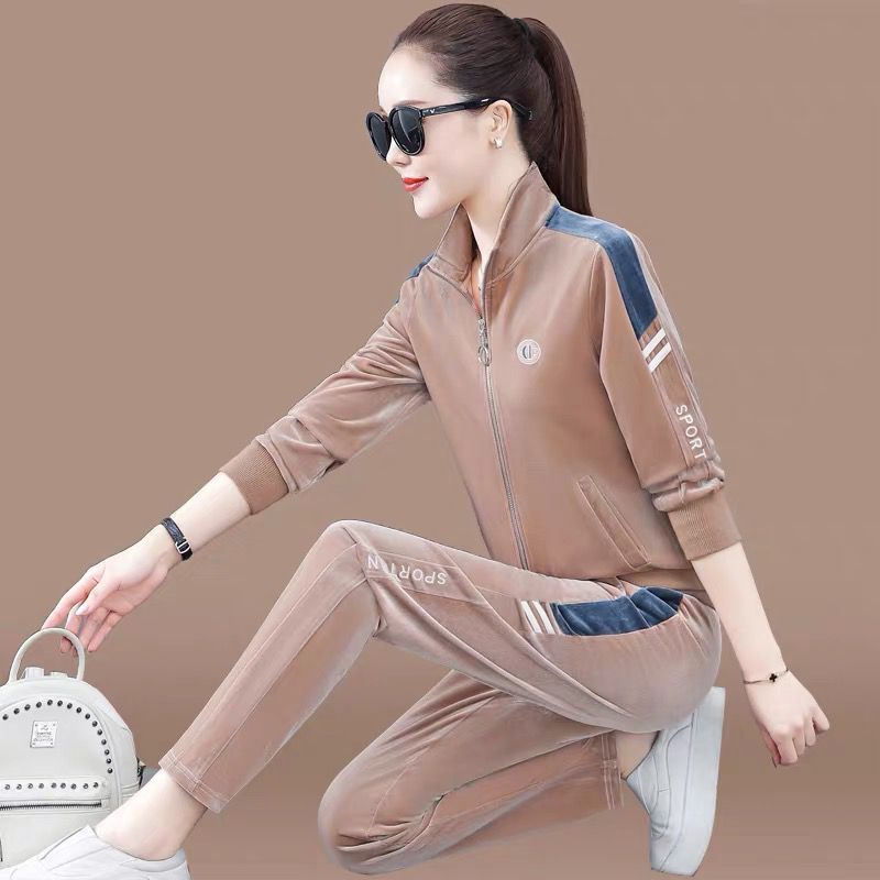 Velour Tracksuit Spring and Autumn Fashion Slimming Large Size Sweater Casual Running Clothes Two-Piece Set