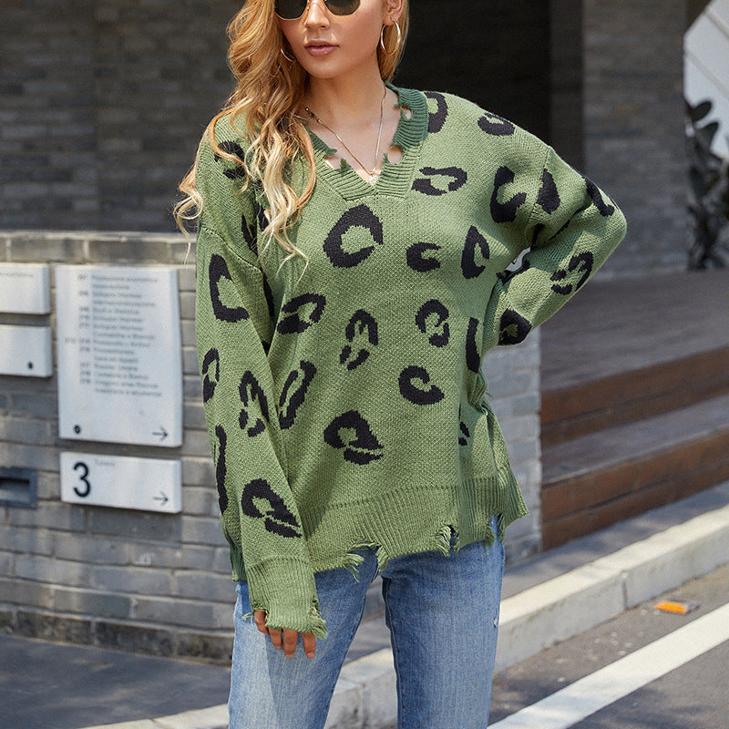 Women Pullover Knit Sweater Autumn and Winter V-neck Leopard Print Fringed Sweater