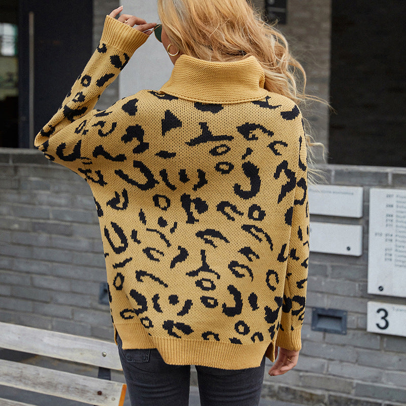 Women Pullover Knit Sweater Leopard-Print Sweater Women's Autumn and Winter Fashion Pullover Coat