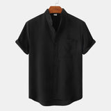 Camp Collar Shirt Short Sleeve Solid Color Cotton and Linen Shirt