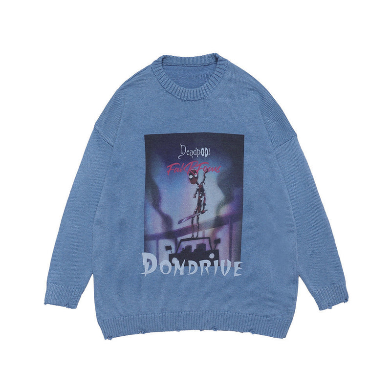 Men Sweater Cartoon Anime Print Knitwear Men Loose round Neck Sweater