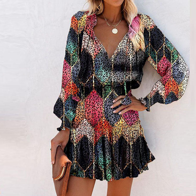 Coachella Music Festival Outfits Autumn Color Print Street Fashion V-neck Dress