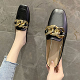 Finn Chain Pointed Toe Mule Closed Toe Half Slippers Women's Summer Square Toe Metal Buckle Low Heel Slippers