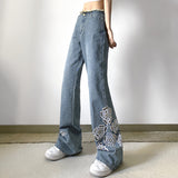 Julia Fox Low Rise Jeans Hollow Embroidered Flowers Burrs Slimming Bootcut Trousers