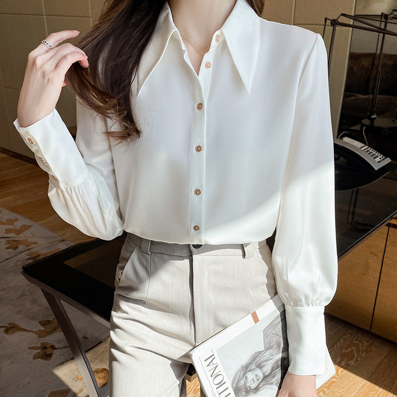 Gloria Vanderbilt Satin Polo Collar White Shirt Temperament