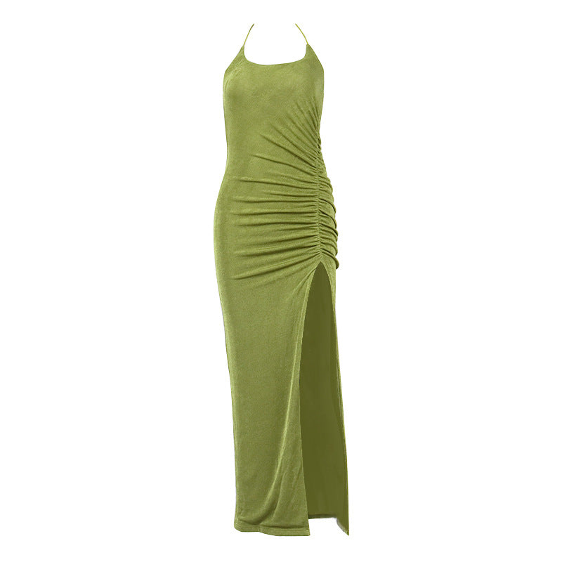 Emerald Green Dress Sexy Backless Pleated Halter High Slit Dress