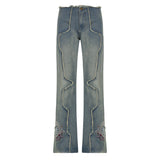 Julia Fox Low Rise Jeans Fashion Irregular Raw Hem Stitching Low Waist distress Embroidered Straight Jeans Casual Trousers