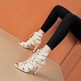 White Strappy Heels Fish Mouth Sandal Boots Ankle Boots Stiletto Heel Dancing Shoes