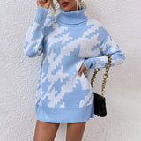 Women Pullover Knit Sweater Women's Autumn and Winter Contrast Color Lapel Mid-Length Sweater
